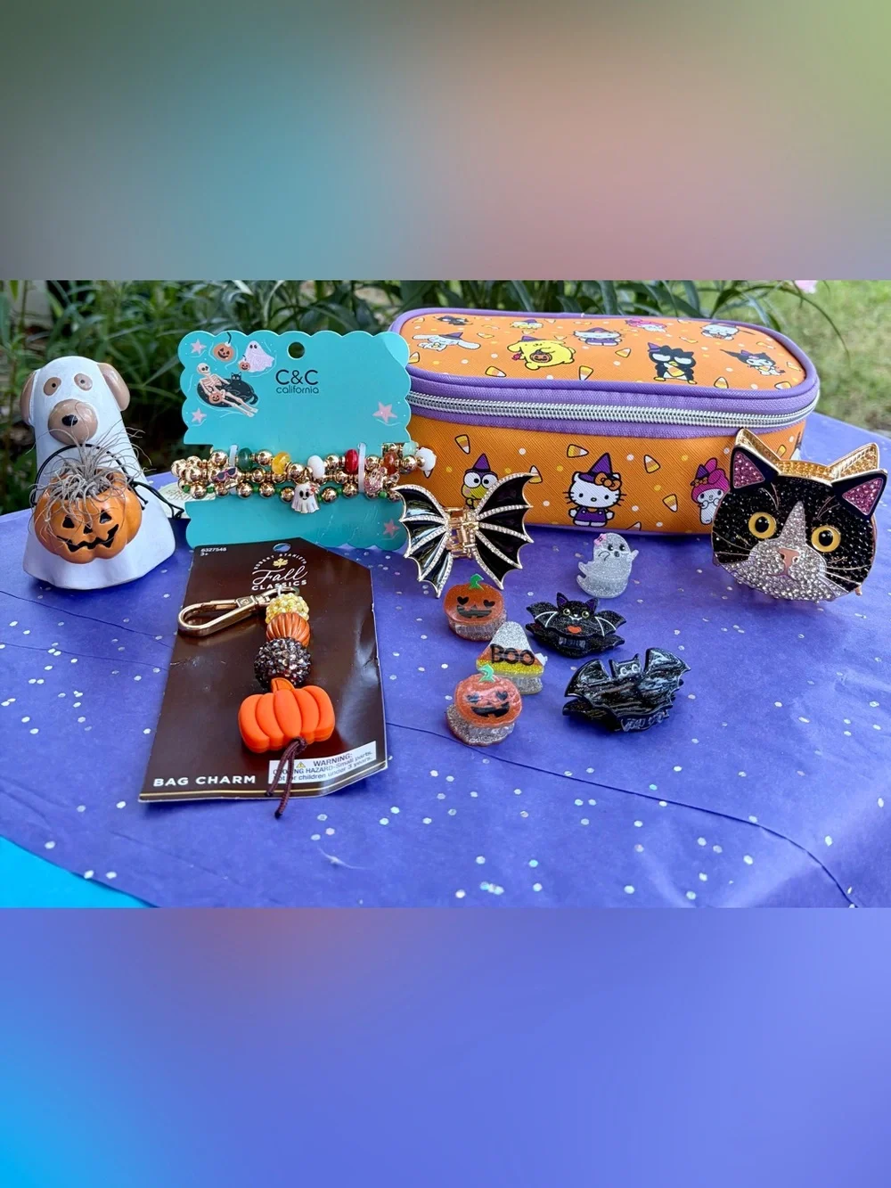 NWT HALLOWEEN BUNDLE Orange Hello Kitty Makeup/Pencil Case #12 Items Total
